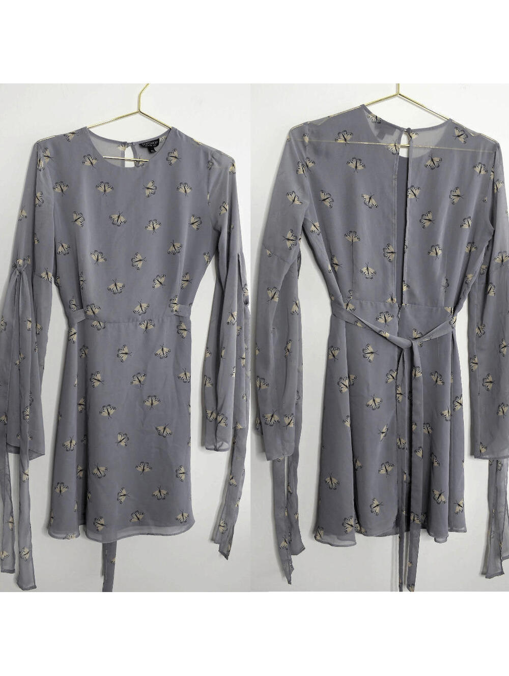 Topshop Gray Butterfly Bell Sleeve Mini Dress - 6